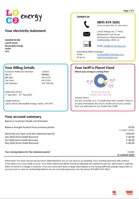 United Kingdom LoCO2 Energy business utility bill template in Word and PDF formats